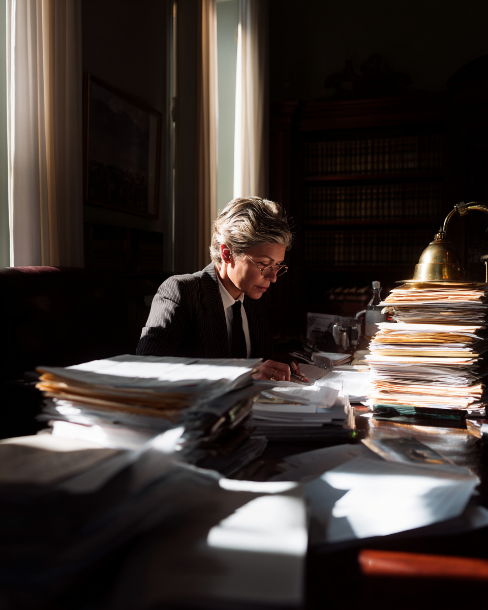 Attorney reviewing documents alone in office