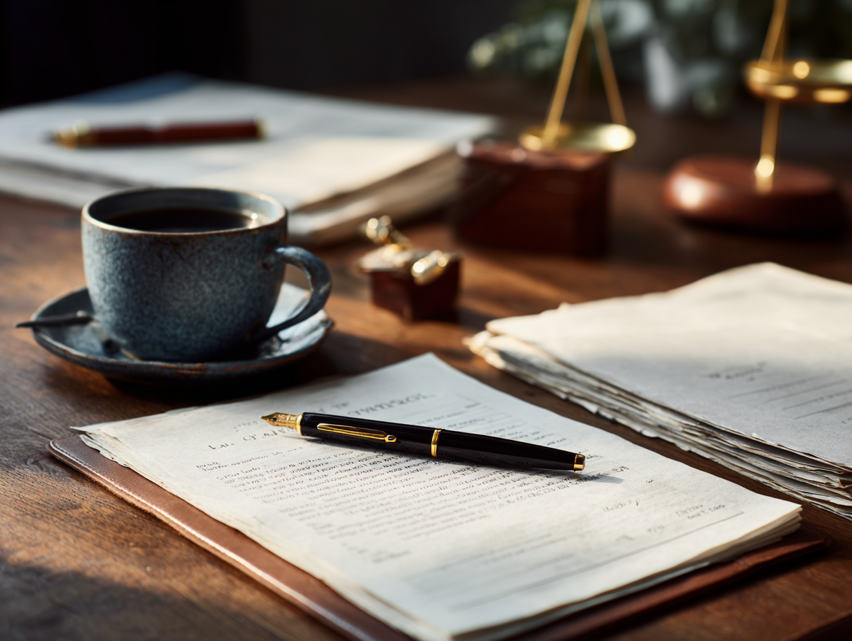 Family law office desk with organized legal pad and papers