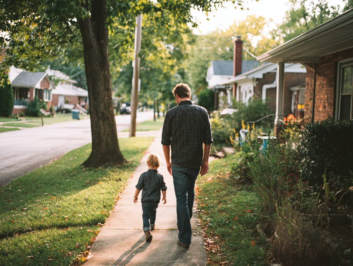 Parent and child walking together in a quiet Kentucky neighborhood