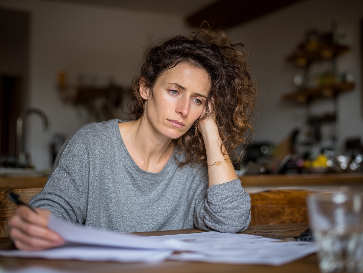 Woman reviewing family legal paperwork at kitchen table