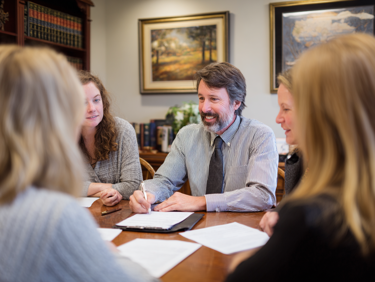 Attorney and clients in mediation meeting around a table